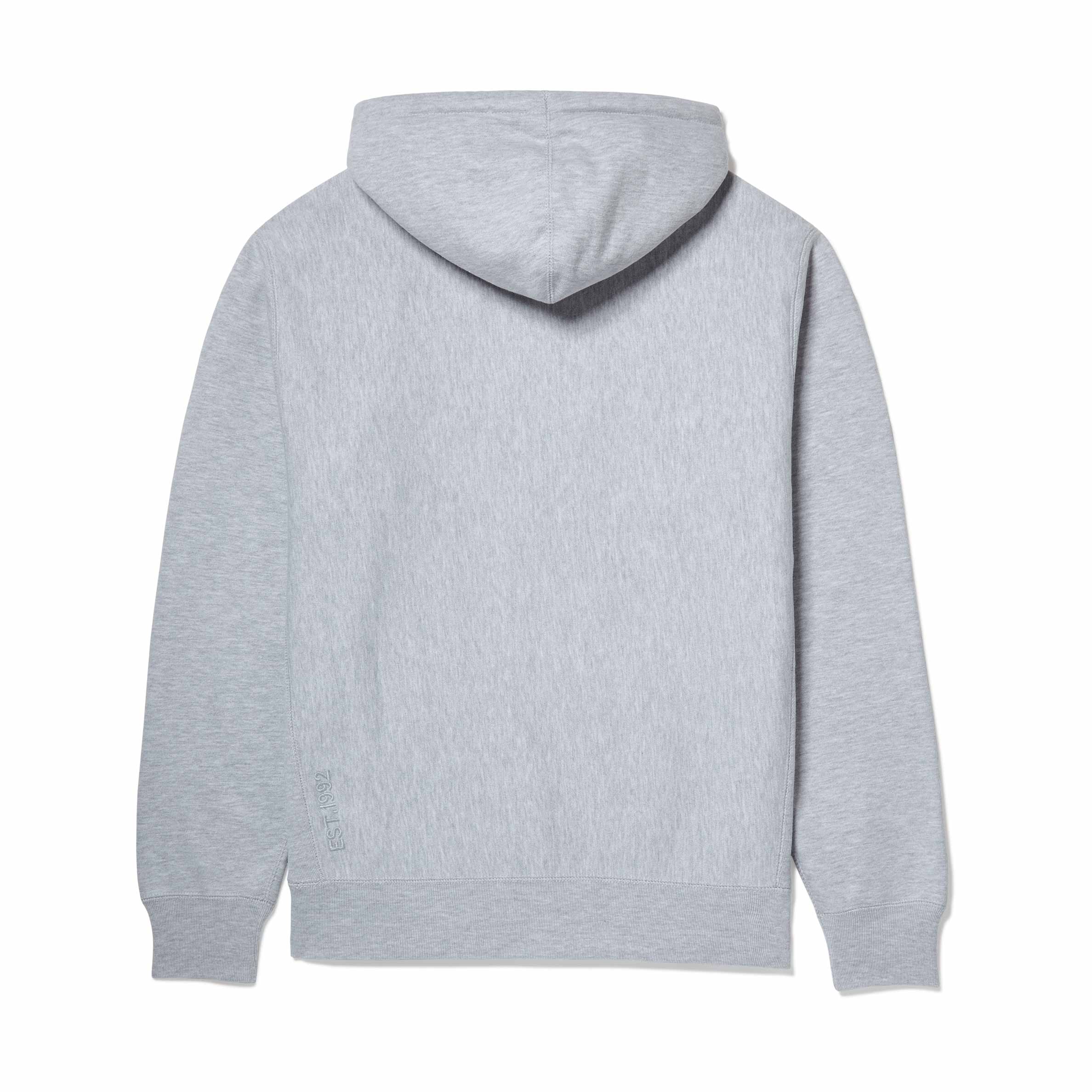 Back view of Lanzera Club Hoodie in Grey Heather with ‘EST. 1992’ embroidery.