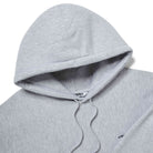 Close-up of logo patch, hood, and fabric on Lanzera Club Hoodie in Grey Heather.
