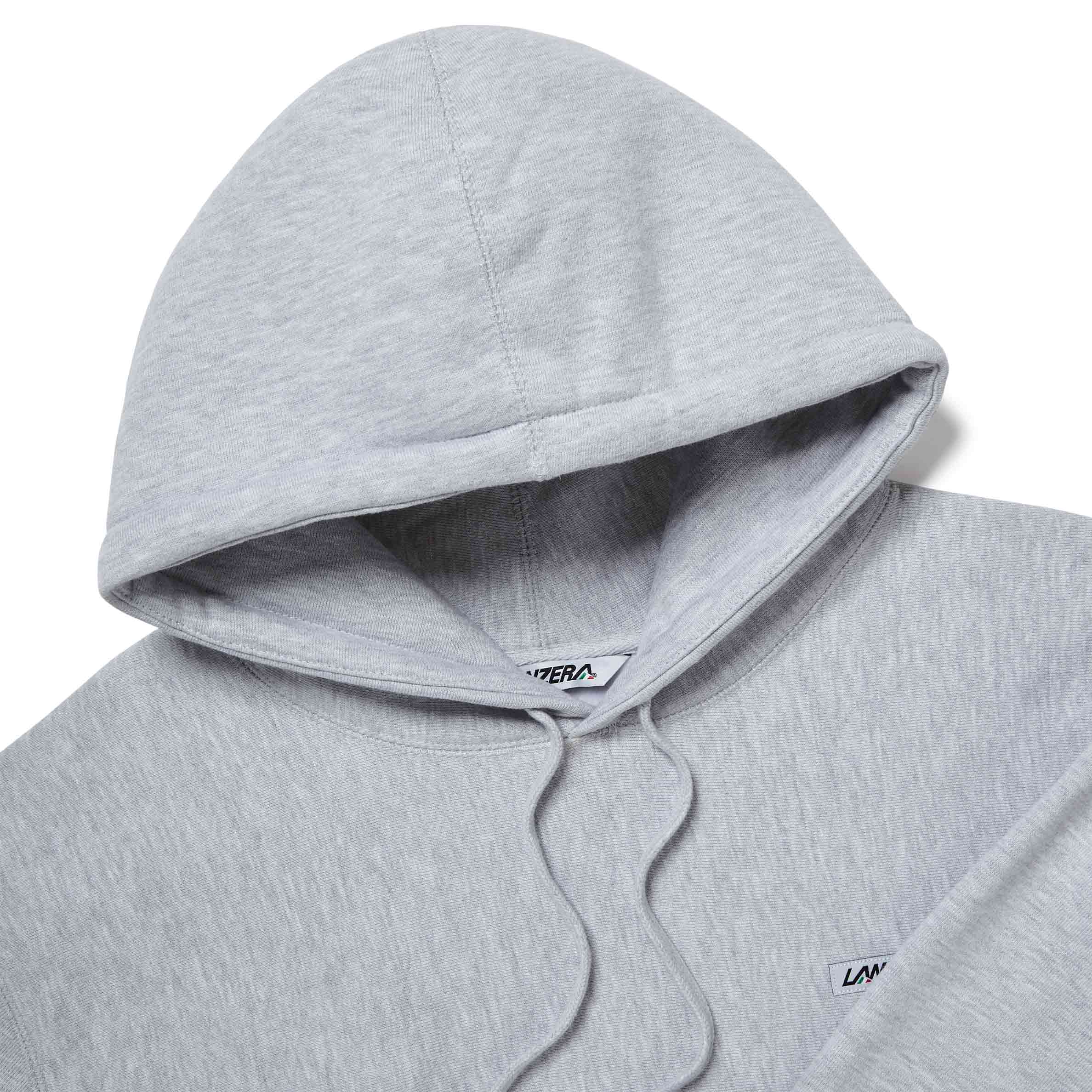 Close-up of logo patch, hood, and fabric on Lanzera Club Hoodie in Grey Heather.