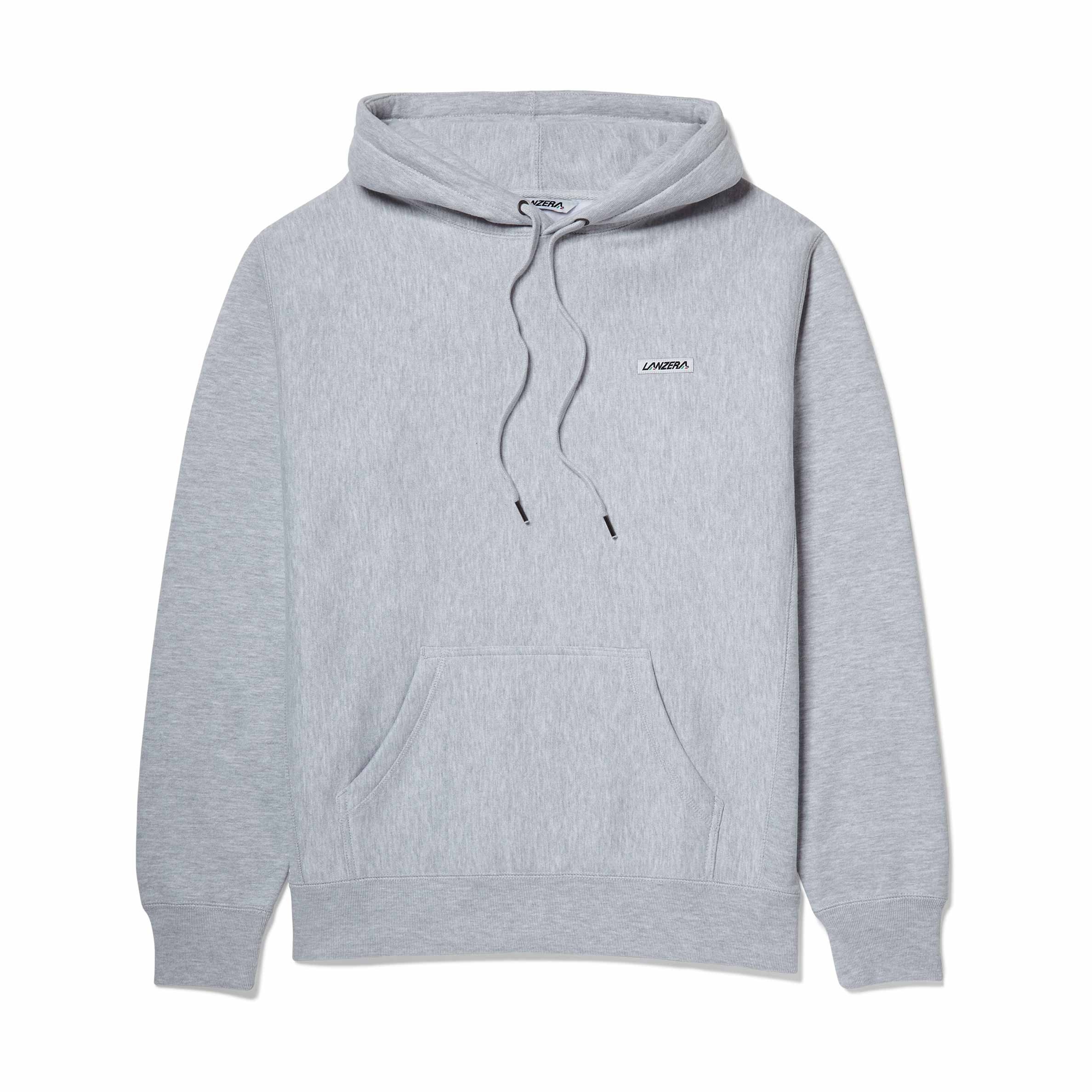 Front view of Lanzera Club Hoodie sweatshirt in Grey Heather with logo patch.