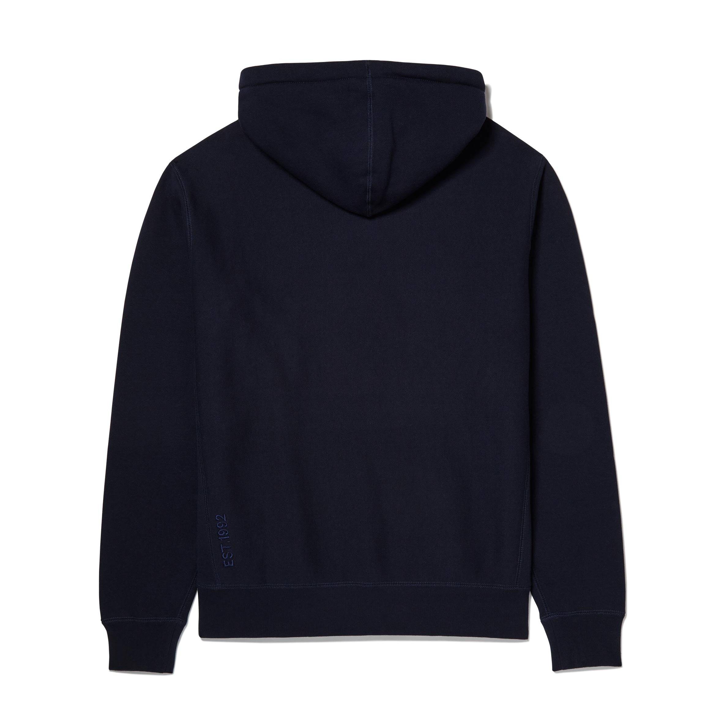 Back view of Lanzera Club Hoodie in Navy Clásico with ‘EST. 1992’ embroidery.