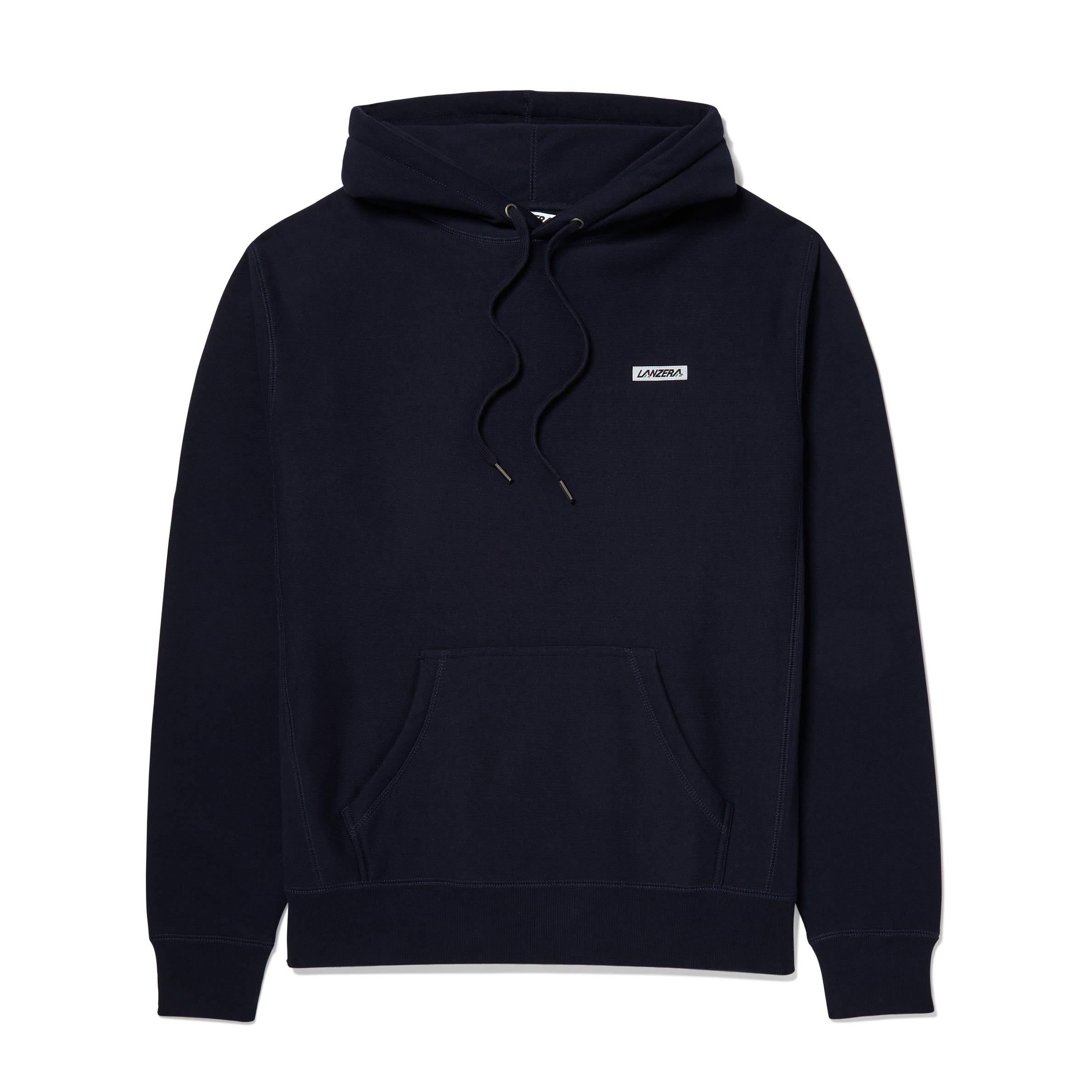 Front view of Lanzera Club Hoodie sweatshirt in Navy Clásico with patch logo.