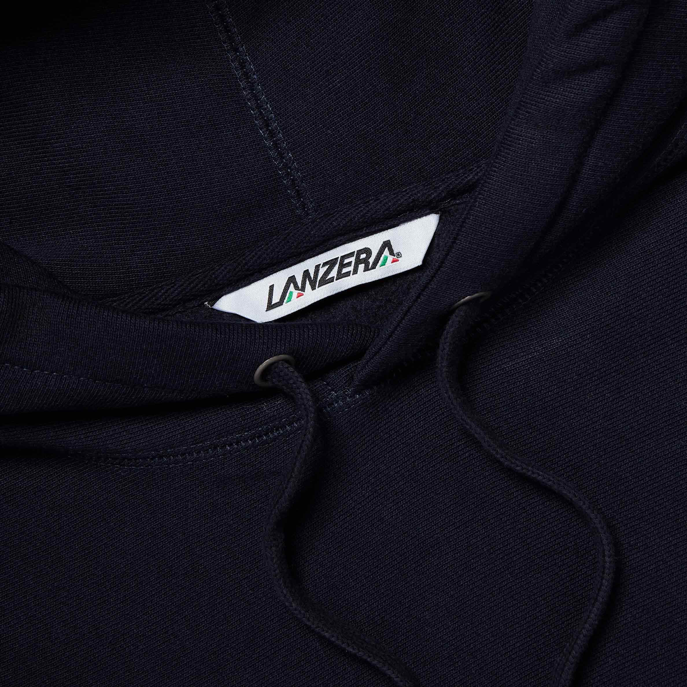 Close-up of hood, drawstrings, and neck tag on Lanzera Club Hoodie in Navy Clásico.