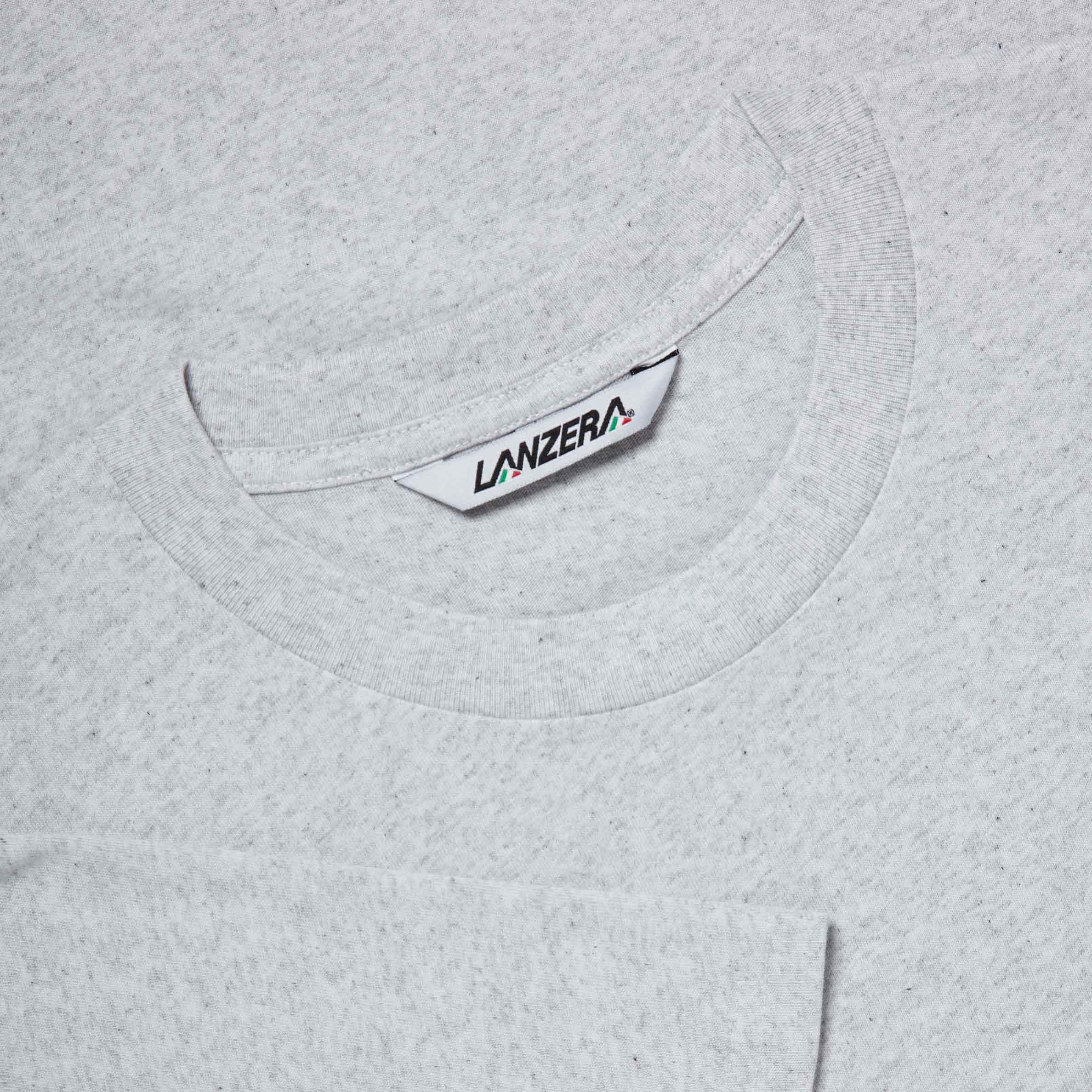 Detail of ribbed neckline and t-shirt label on Lanzera Club Tee in Heather.