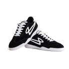 Stacked Lanzera Jackal Black indoor soccer shoes with suede upper and white sole.