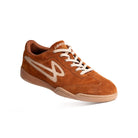 Angled view of Lanzera Jackal indoor soccer shoe in Caramello with suede upper and gum sole.