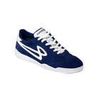 Angled view of Lanzera Jackal indoor soccer shoe in navy blue with suede upper and white sole