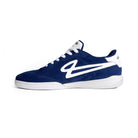 Inside view of Lanzera Jackal Navy indoor soccer shoe with suede upper and white sole.