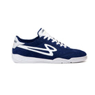 Lanzera Jackal indoor soccer shoe in Navy with suede upper and white sole.