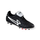 Angled view of Lanzera Professionale firm ground cleat in black with K-leather upper.