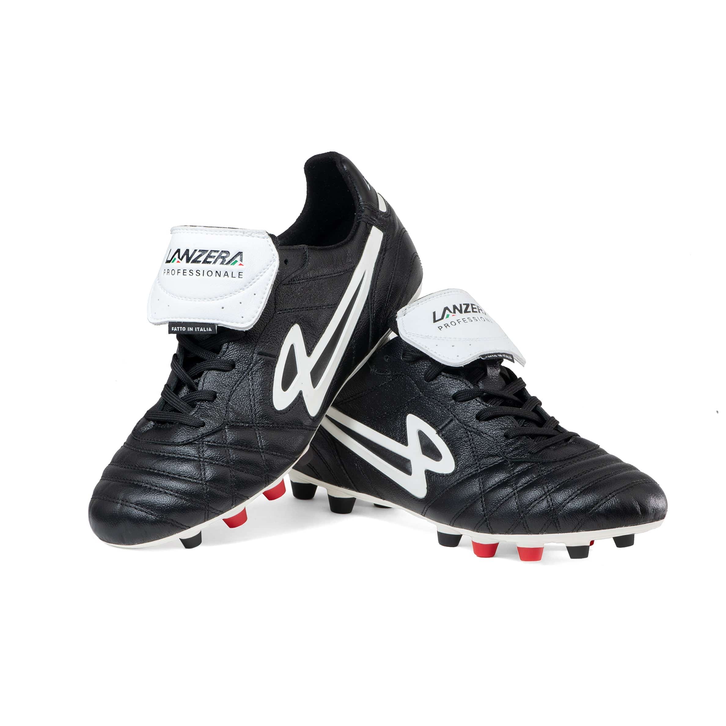 Stacked Lanzera Professionale soccer cleats showing K-leather uppers and white branding.