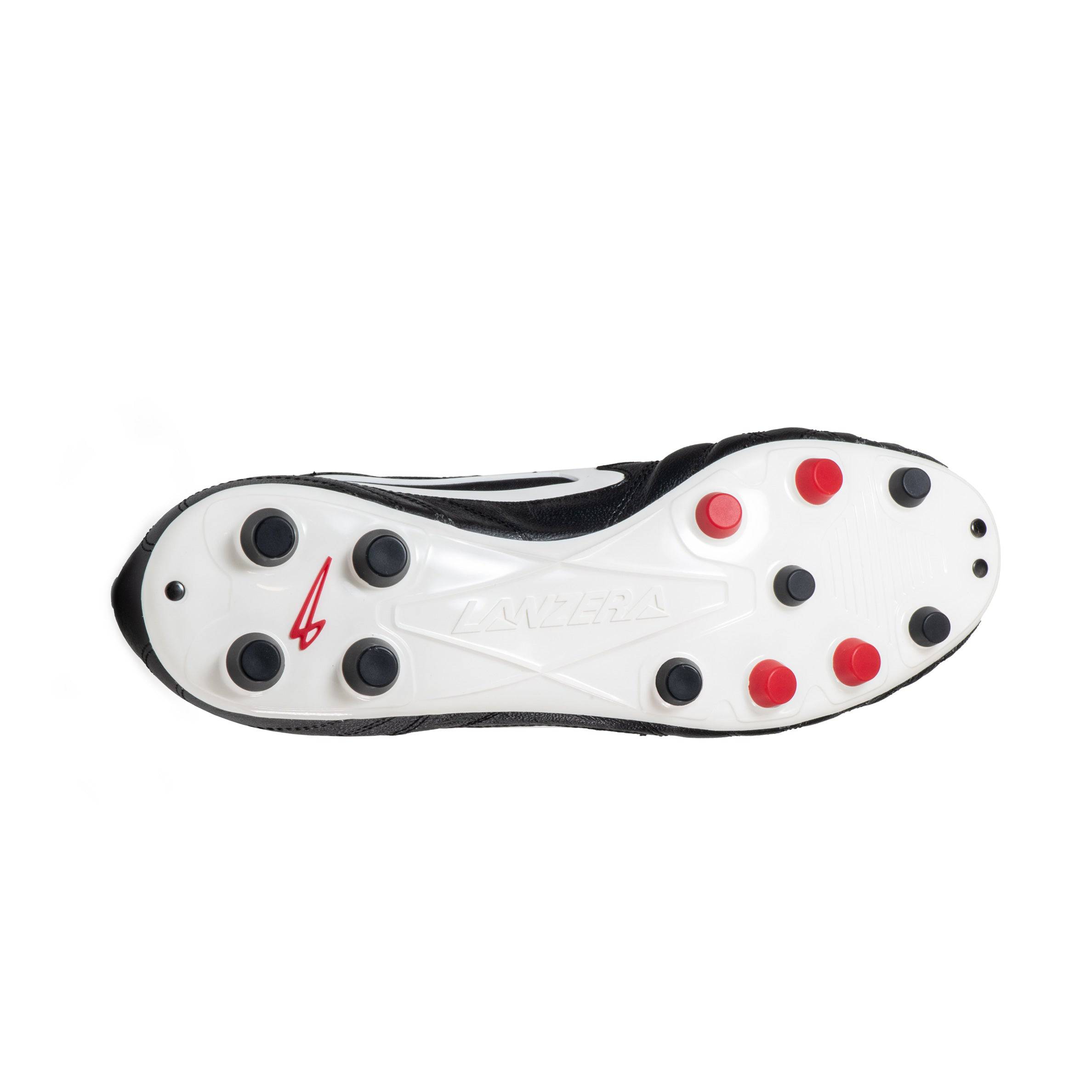Outsole view of Lanzera Professionale soccer cleat with black and red firm ground studs.