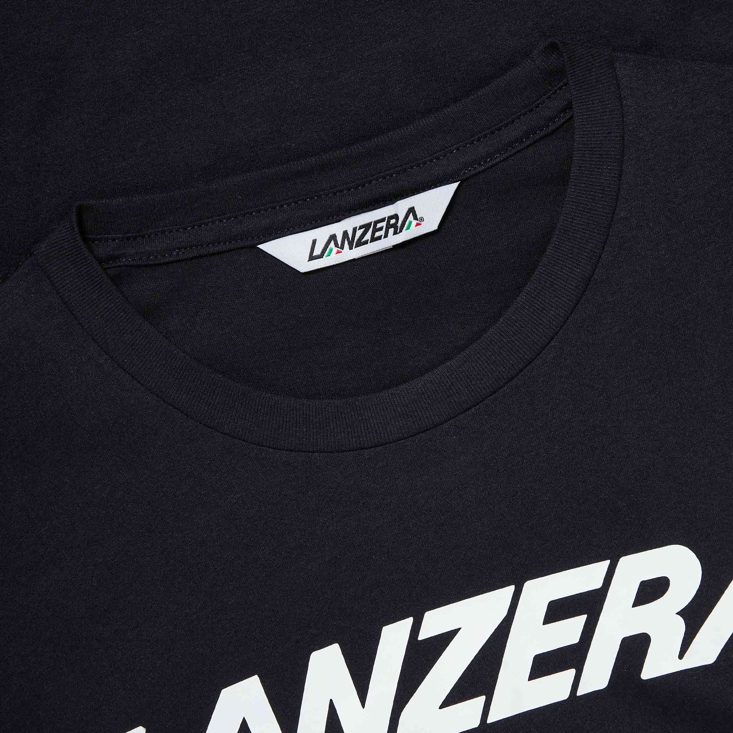 Close-up of Lanzera Tee in black showing chest logo and collar detail.
