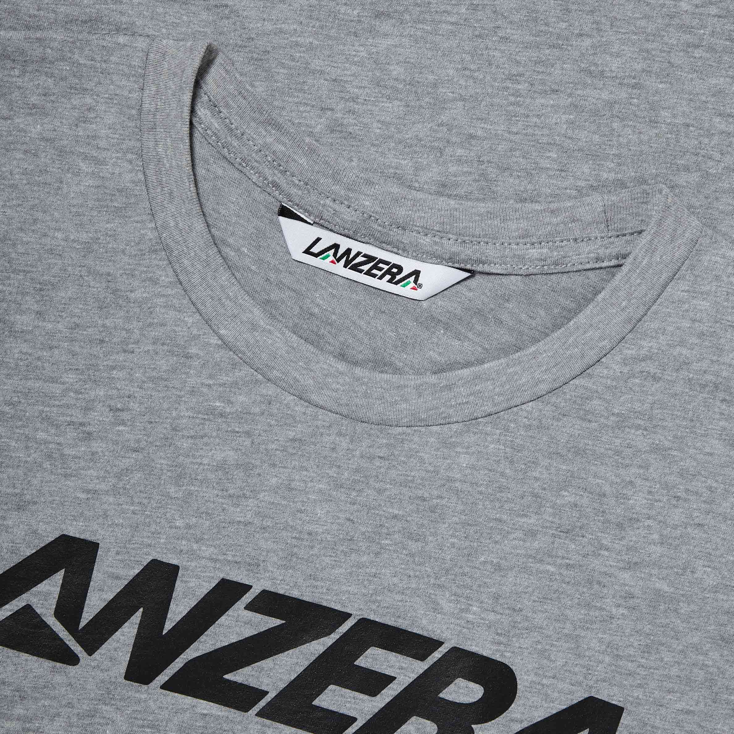 Close-up of Lanzera Tee in grey with ribbed collar and logo detail.